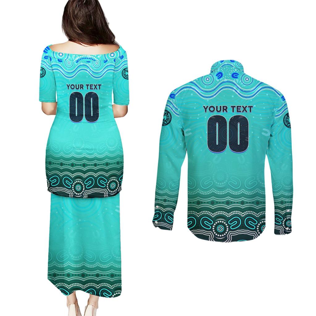 Personalised Australia Matildas Couples Matching Puletasi and Long Sleeve Button Shirt Tillies Aboriginal Simple Turquoise