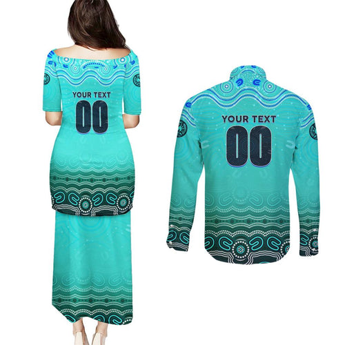 Personalised Australia Matildas Couples Matching Puletasi and Long Sleeve Button Shirt Tillies Aboriginal Simple Turquoise