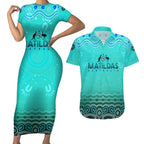 Personalised Australia Matildas Couples Matching Short Sleeve Bodycon Dress and Hawaiian Shirt Tillies Aboriginal Simple Turquoise