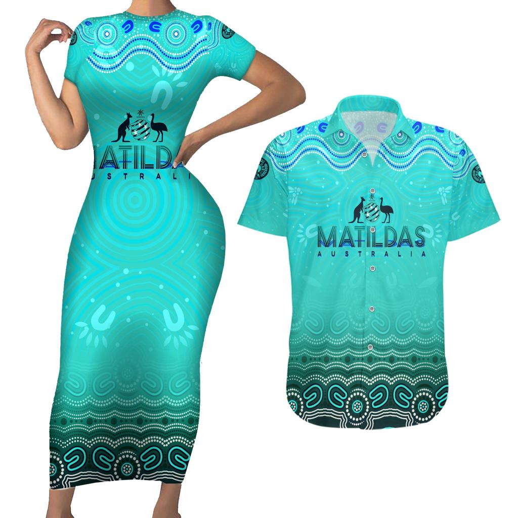 Personalised Australia Matildas Couples Matching Short Sleeve Bodycon Dress and Hawaiian Shirt Tillies Aboriginal Simple Turquoise
