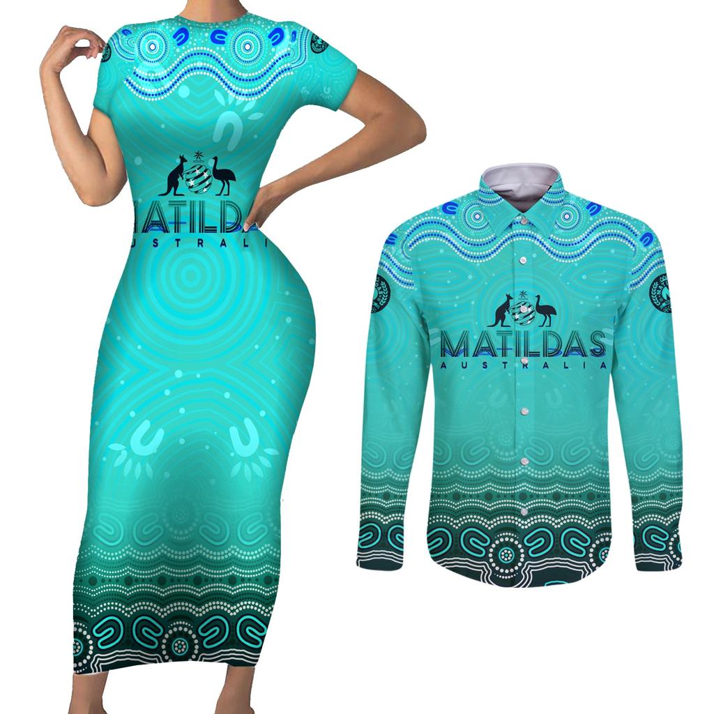 Personalised Australia Matildas Couples Matching Short Sleeve Bodycon Dress and Long Sleeve Button Shirt Tillies Aboriginal Simple Turquoise