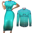 Personalised Australia Matildas Couples Matching Short Sleeve Bodycon Dress and Long Sleeve Button Shirt Tillies Aboriginal Simple Turquoise