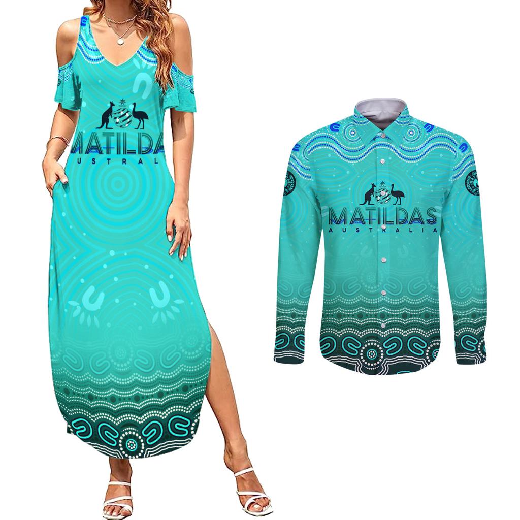 Personalised Australia Matildas Couples Matching Summer Maxi Dress and Long Sleeve Button Shirt Tillies Aboriginal Simple Turquoise