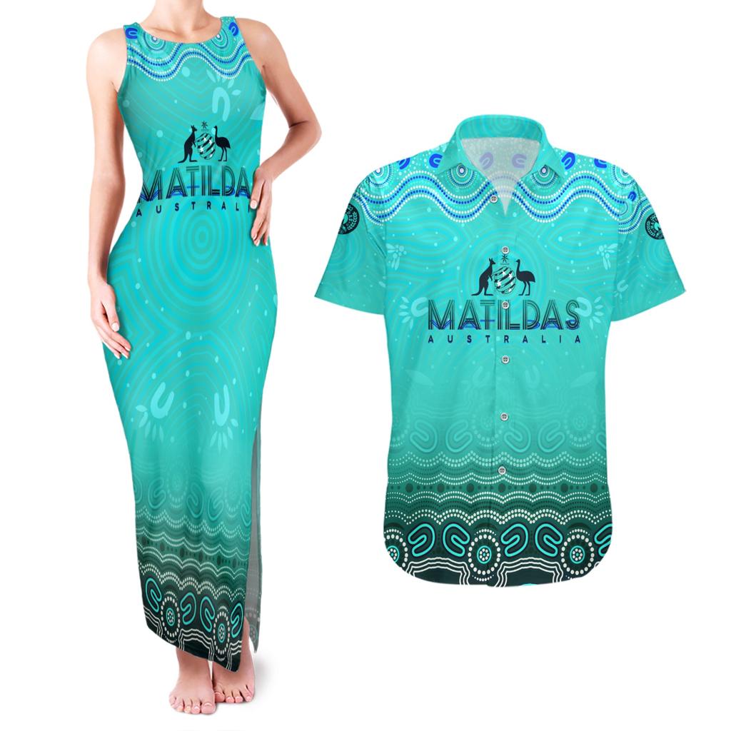 Personalised Australia Matildas Couples Matching Tank Maxi Dress and Hawaiian Shirt Tillies Aboriginal Simple Turquoise