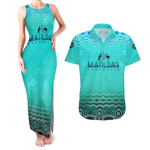 Personalised Australia Matildas Couples Matching Tank Maxi Dress and Hawaiian Shirt Tillies Aboriginal Simple Turquoise