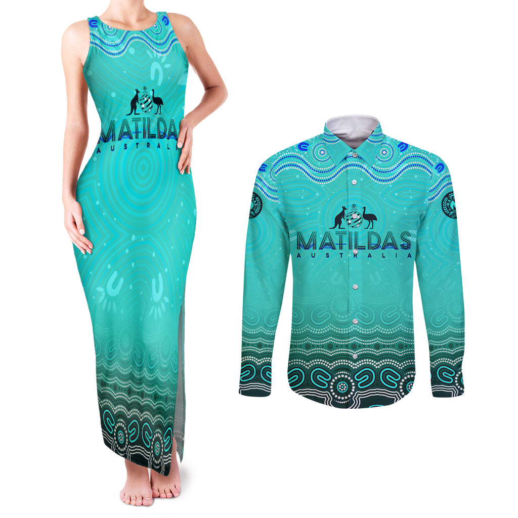 Personalised Australia Matildas Couples Matching Tank Maxi Dress and Long Sleeve Button Shirt Tillies Aboriginal Simple Turquoise