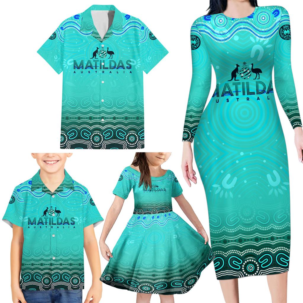 Personalised Australia Matildas Family Matching Long Sleeve Bodycon Dress and Hawaiian Shirt Tillies Aboriginal Simple Turquoise