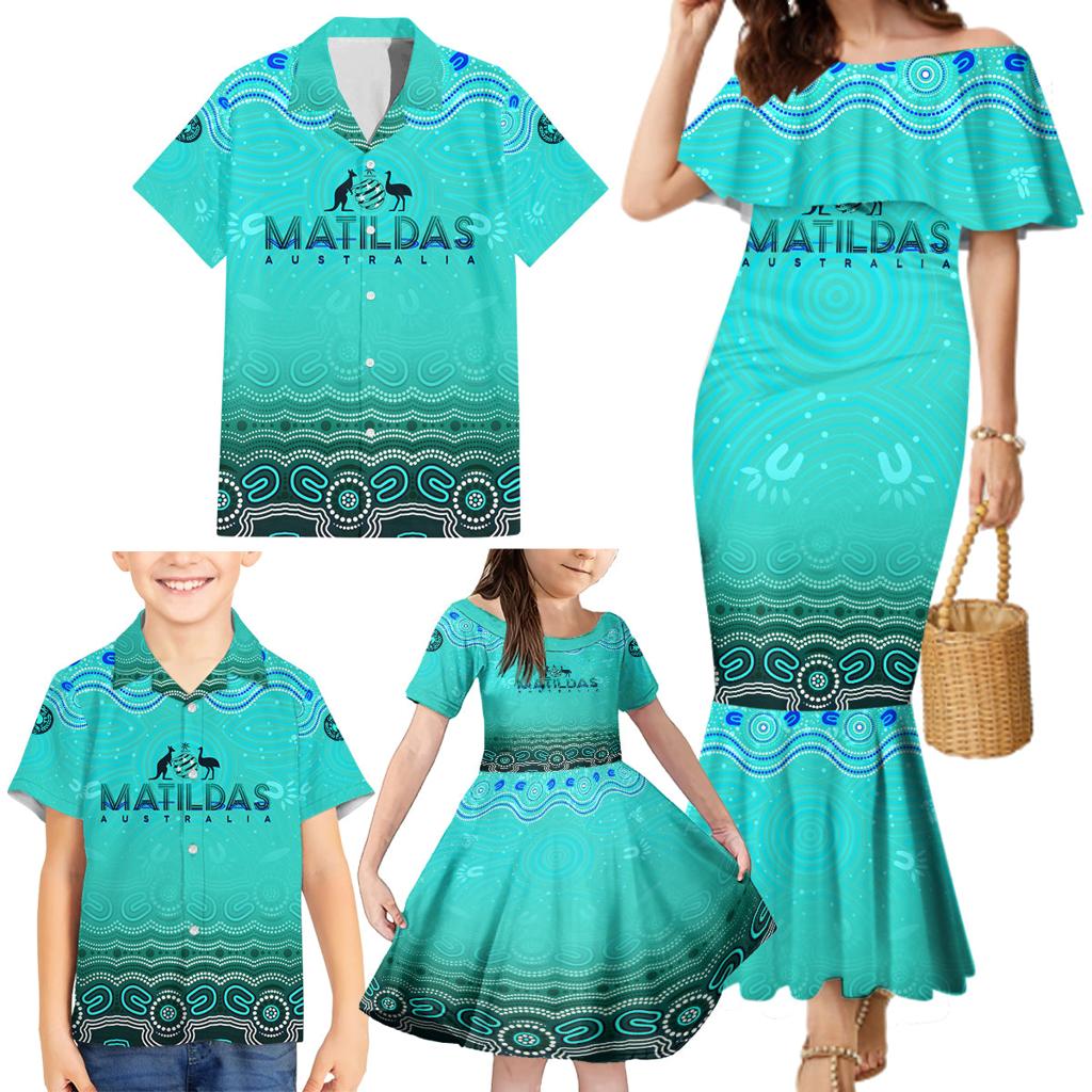 Personalised Australia Matildas Family Matching Mermaid Dress and Hawaiian Shirt Tillies Aboriginal Simple Turquoise