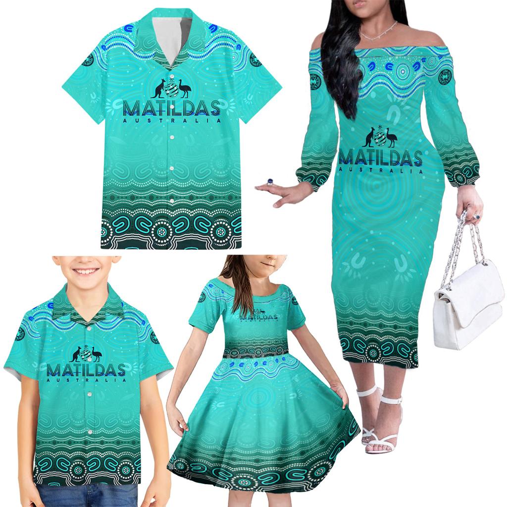 Personalised Australia Matildas Family Matching Off The Shoulder Long Sleeve Dress and Hawaiian Shirt Tillies Aboriginal Simple Turquoise