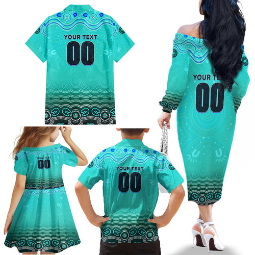 Personalised Australia Matildas Family Matching Off The Shoulder Long Sleeve Dress and Hawaiian Shirt Tillies Aboriginal Simple Turquoise
