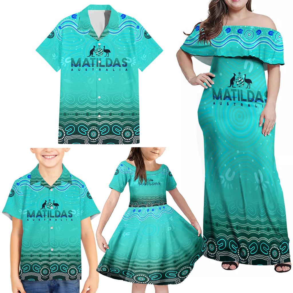 Personalised Australia Matildas Family Matching Off Shoulder Maxi Dress and Hawaiian Shirt Tillies Aboriginal Simple Turquoise