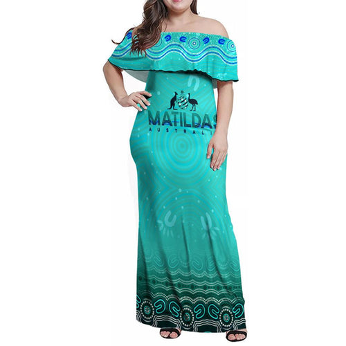 Personalised Australia Matildas Family Matching Off Shoulder Maxi Dress and Hawaiian Shirt Tillies Aboriginal Simple Turquoise