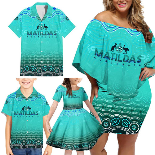 Personalised Australia Matildas Family Matching Off Shoulder Short Dress and Hawaiian Shirt Tillies Aboriginal Simple Turquoise