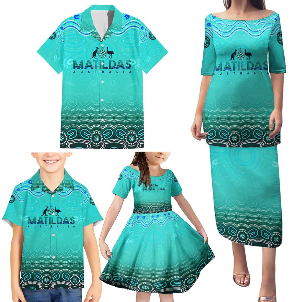 Personalised Australia Matildas Family Matching Puletasi and Hawaiian Shirt Tillies Aboriginal Simple Turquoise