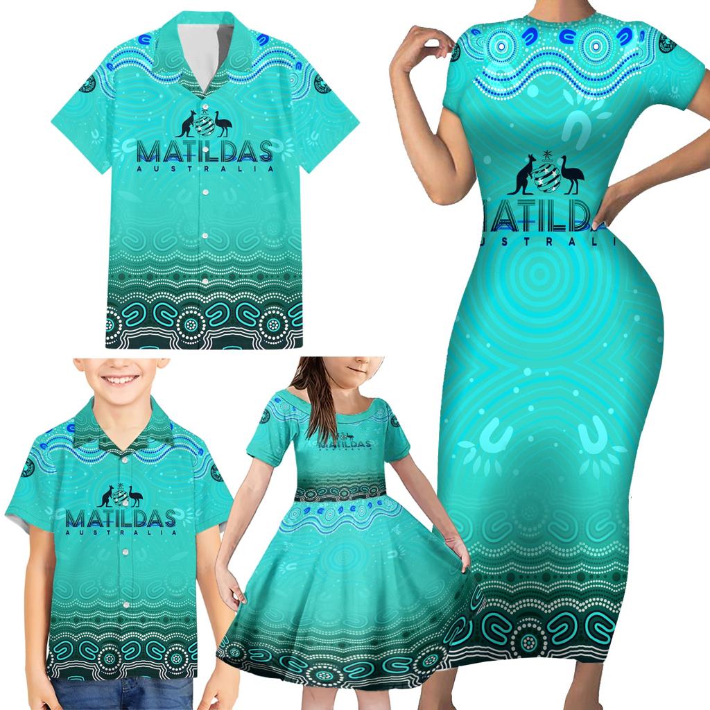 Personalised Australia Matildas Family Matching Short Sleeve Bodycon Dress and Hawaiian Shirt Tillies Aboriginal Simple Turquoise