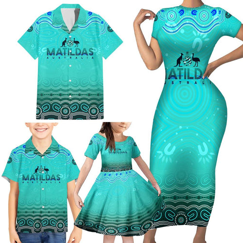 Personalised Australia Matildas Family Matching Short Sleeve Bodycon Dress and Hawaiian Shirt Tillies Aboriginal Simple Turquoise