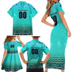 Personalised Australia Matildas Family Matching Short Sleeve Bodycon Dress and Hawaiian Shirt Tillies Aboriginal Simple Turquoise