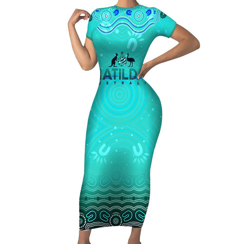 Personalised Australia Matildas Family Matching Short Sleeve Bodycon Dress and Hawaiian Shirt Tillies Aboriginal Simple Turquoise