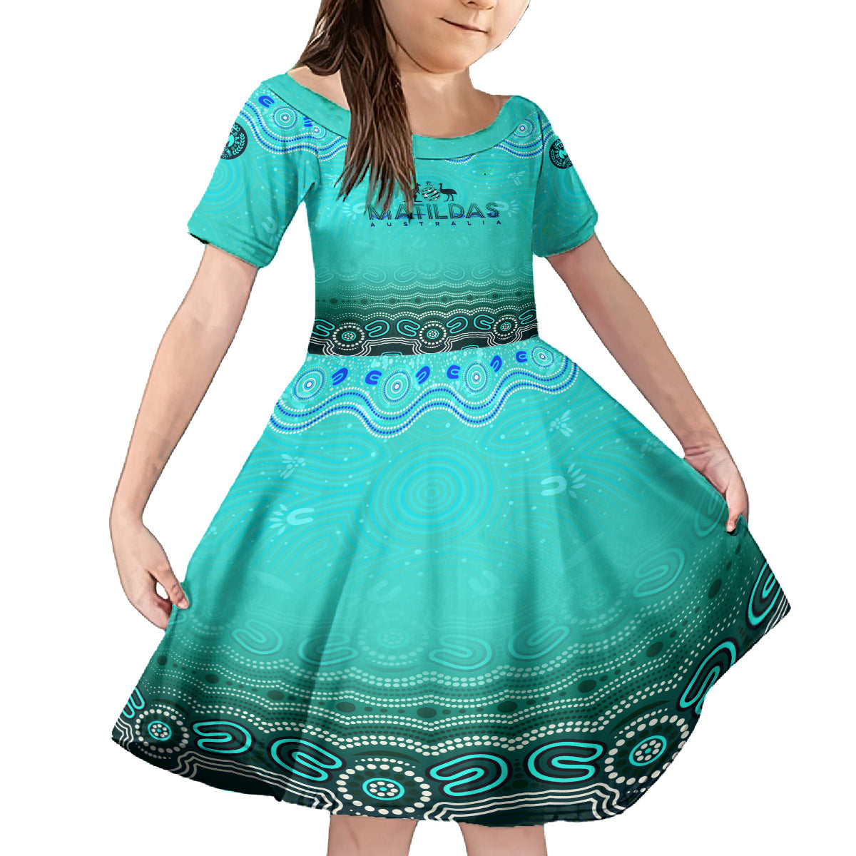Personalised Australia Matildas Kid Short Sleeve Dress Tillies Aboriginal Simple Turquoise