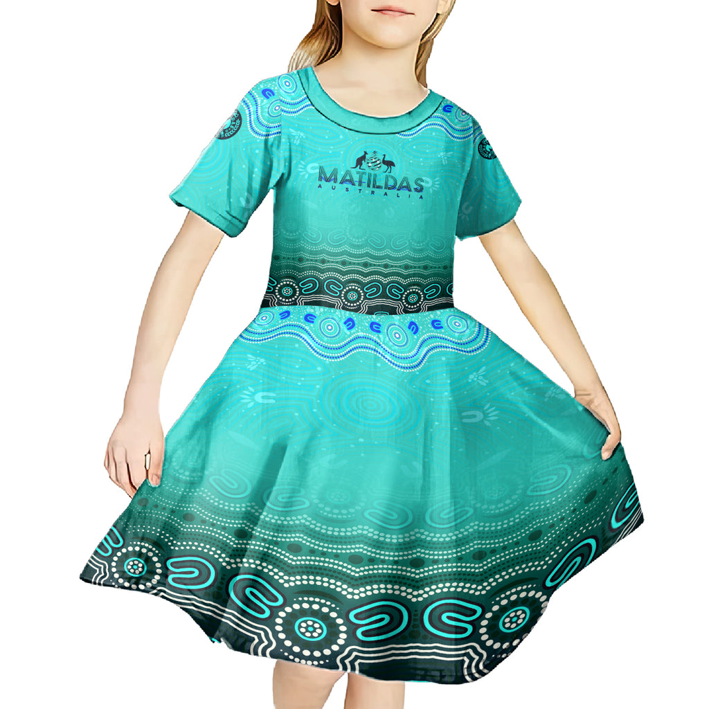 Personalised Australia Matildas Kid Short Sleeve Dress Tillies Aboriginal Simple Turquoise