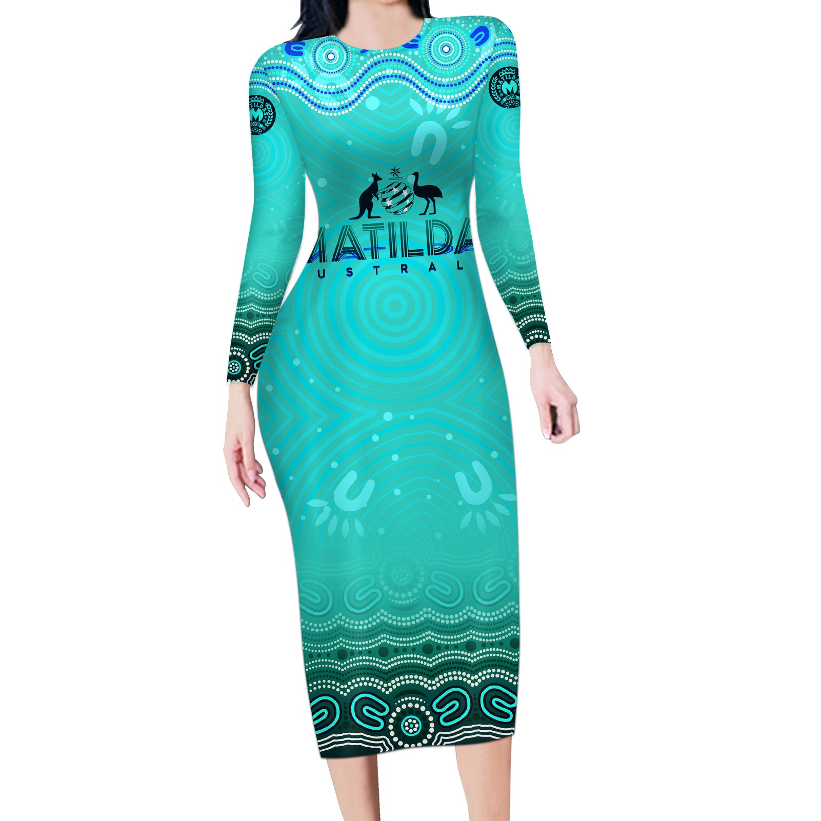 Personalised Australia Matildas Long Sleeve Bodycon Dress Tillies Aboriginal Simple Turquoise