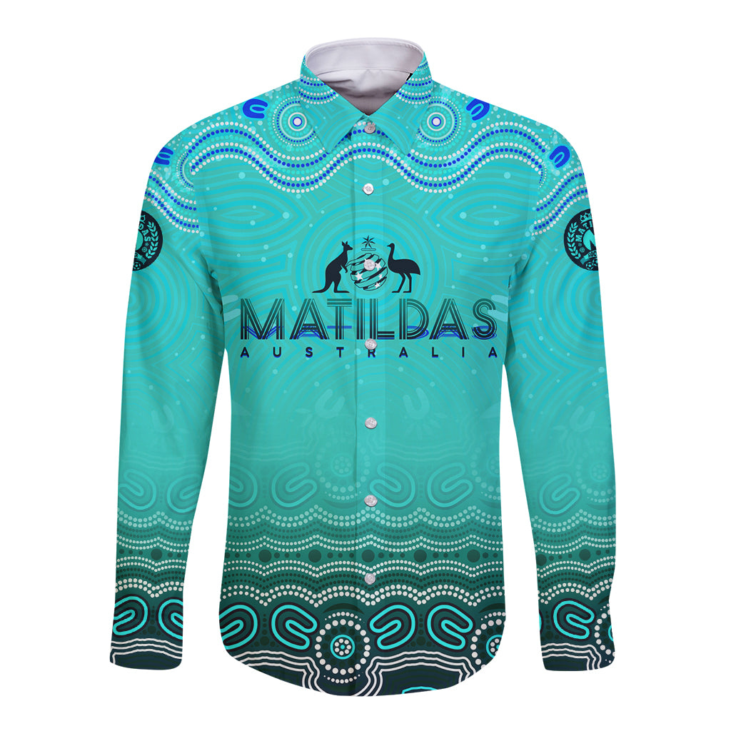 Personalised Australia Matildas Long Sleeve Button Shirt Tillies Aboriginal Simple Turquoise