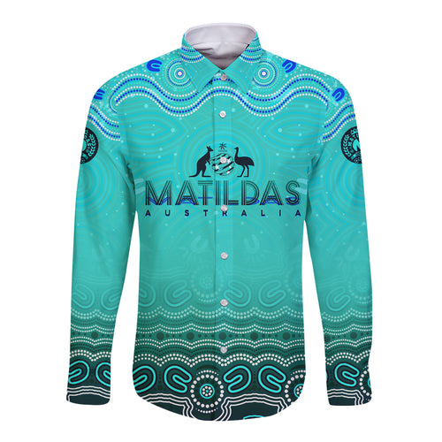 Personalised Australia Matildas Long Sleeve Button Shirt Tillies Aboriginal Simple Turquoise