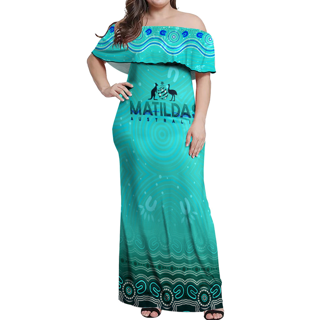 Personalised Australia Matildas Off Shoulder Maxi Dress Tillies Aboriginal Simple Turquoise