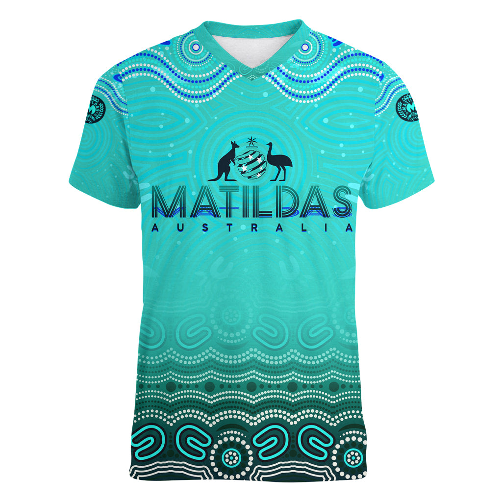 Personalised Australia Matildas Women V-Neck T-Shirt Tillies Aboriginal Simple Turquoise