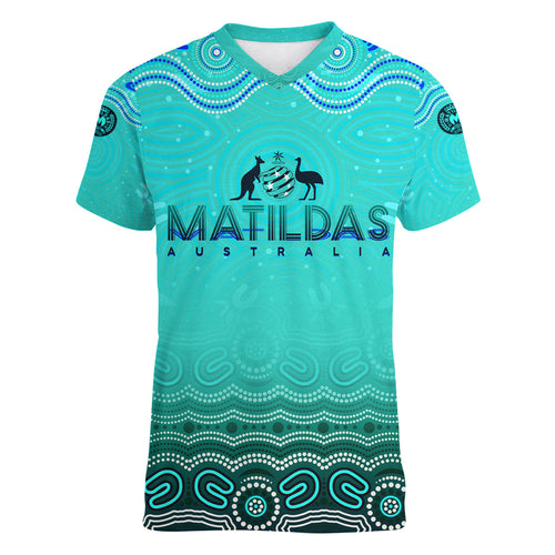 Personalised Australia Matildas Women V-Neck T-Shirt Tillies Aboriginal Simple Turquoise