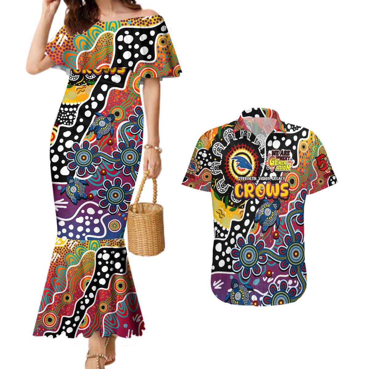 Personalised Crows AFL Celebrating 50 Years of Naidoc Couples Matching Mermaid Dress and Hawaiian Shirt NAIDOC Week 2025 Aboriginal