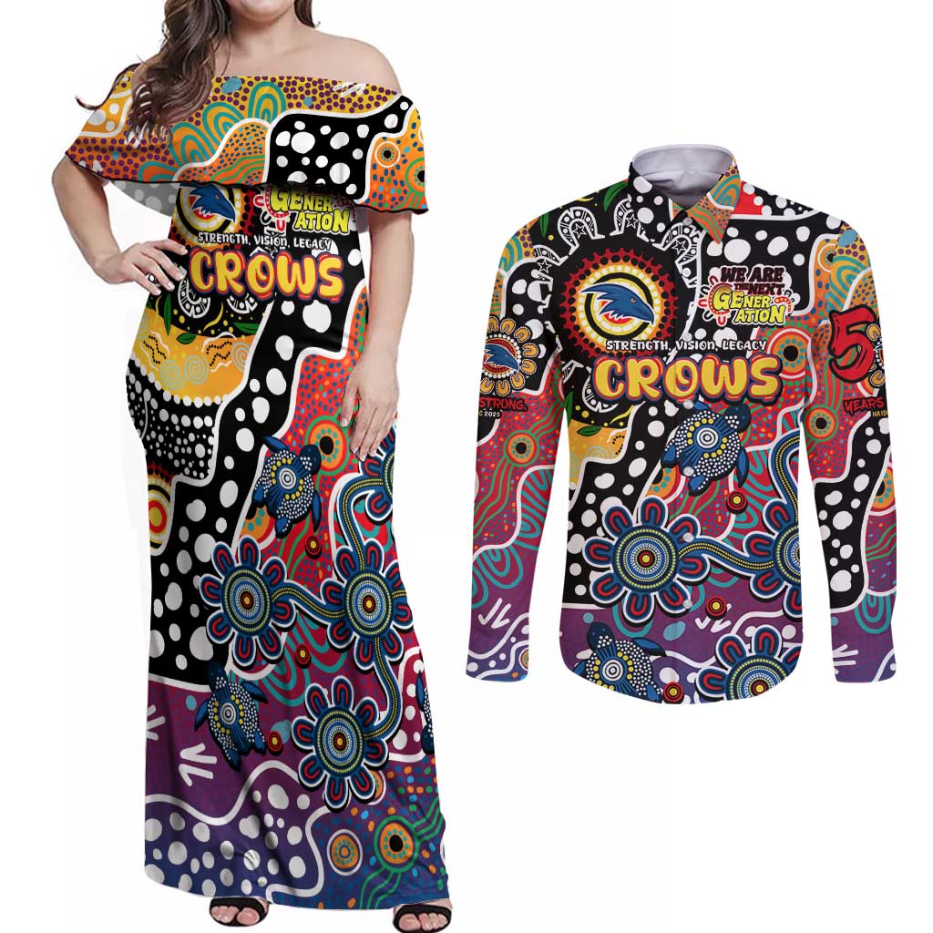 Personalised Crows AFL Celebrating 50 Years of Naidoc Couples Matching Off Shoulder Maxi Dress and Long Sleeve Button Shirt NAIDOC Week 2025 Aboriginal