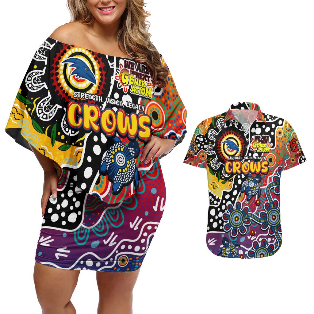 Personalised Crows AFL Celebrating 50 Years of Naidoc Couples Matching Off Shoulder Short Dress and Hawaiian Shirt NAIDOC Week 2025 Aboriginal
