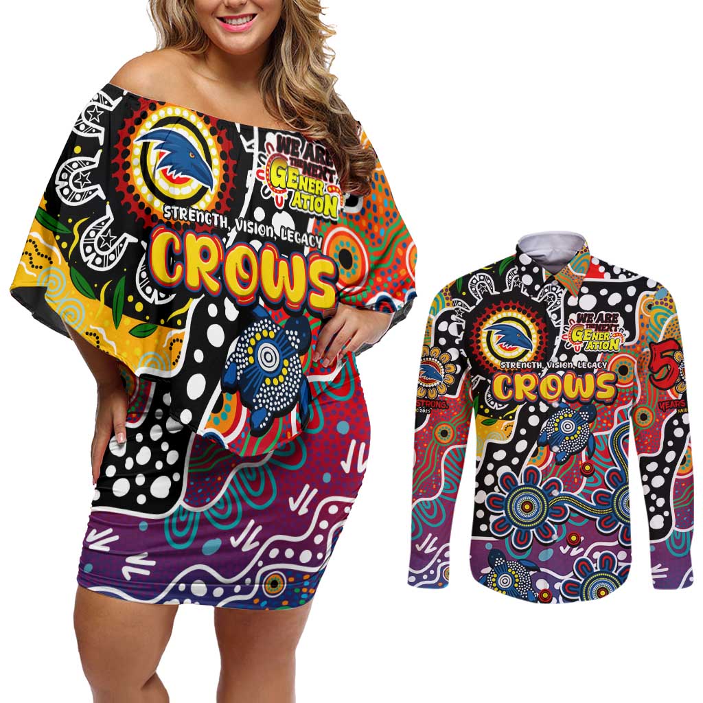 Personalised Crows AFL Celebrating 50 Years of Naidoc Couples Matching Off Shoulder Short Dress and Long Sleeve Button Shirt NAIDOC Week 2025 Aboriginal