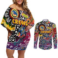 Personalised Crows AFL Celebrating 50 Years of Naidoc Couples Matching Off Shoulder Short Dress and Long Sleeve Button Shirt NAIDOC Week 2025 Aboriginal