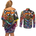 Personalised Crows AFL Celebrating 50 Years of Naidoc Couples Matching Off Shoulder Short Dress and Long Sleeve Button Shirt NAIDOC Week 2025 Aboriginal