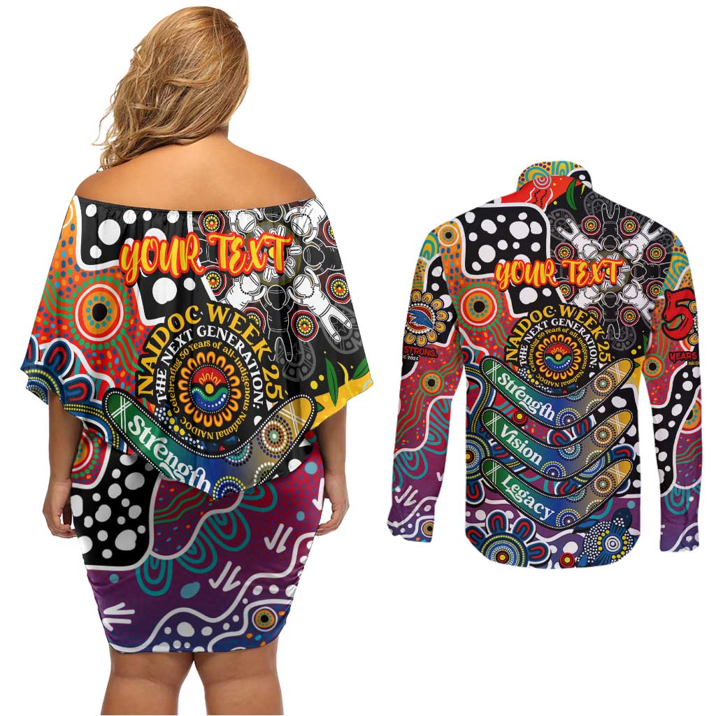 Personalised Crows AFL Celebrating 50 Years of Naidoc Couples Matching Off Shoulder Short Dress and Long Sleeve Button Shirt NAIDOC Week 2025 Aboriginal