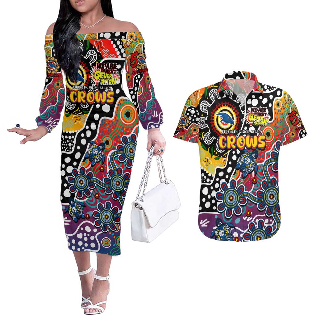 Personalised Crows AFL Celebrating 50 Years of Naidoc Couples Matching Off The Shoulder Long Sleeve Dress and Hawaiian Shirt NAIDOC Week 2025 Aboriginal