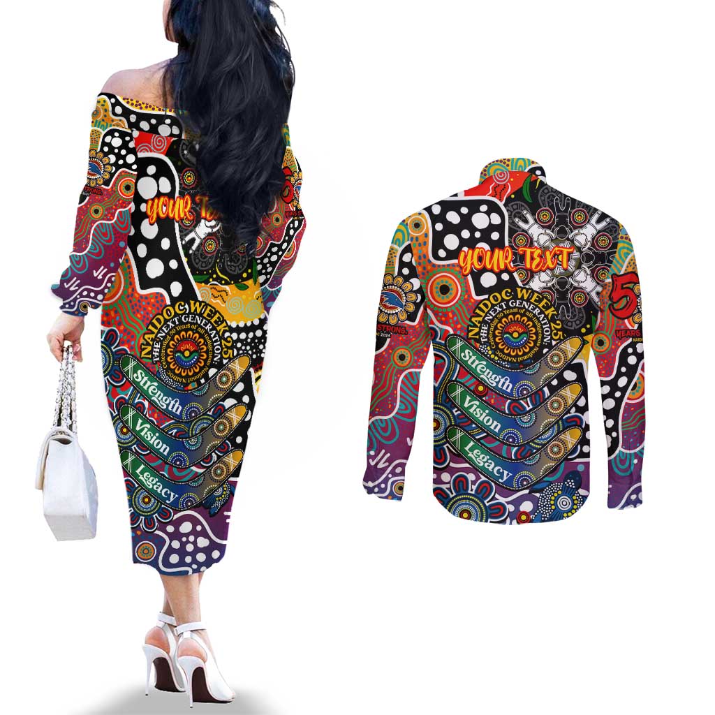 Personalised Crows AFL Celebrating 50 Years of Naidoc Couples Matching Off The Shoulder Long Sleeve Dress and Long Sleeve Button Shirt NAIDOC Week 2025 Aboriginal