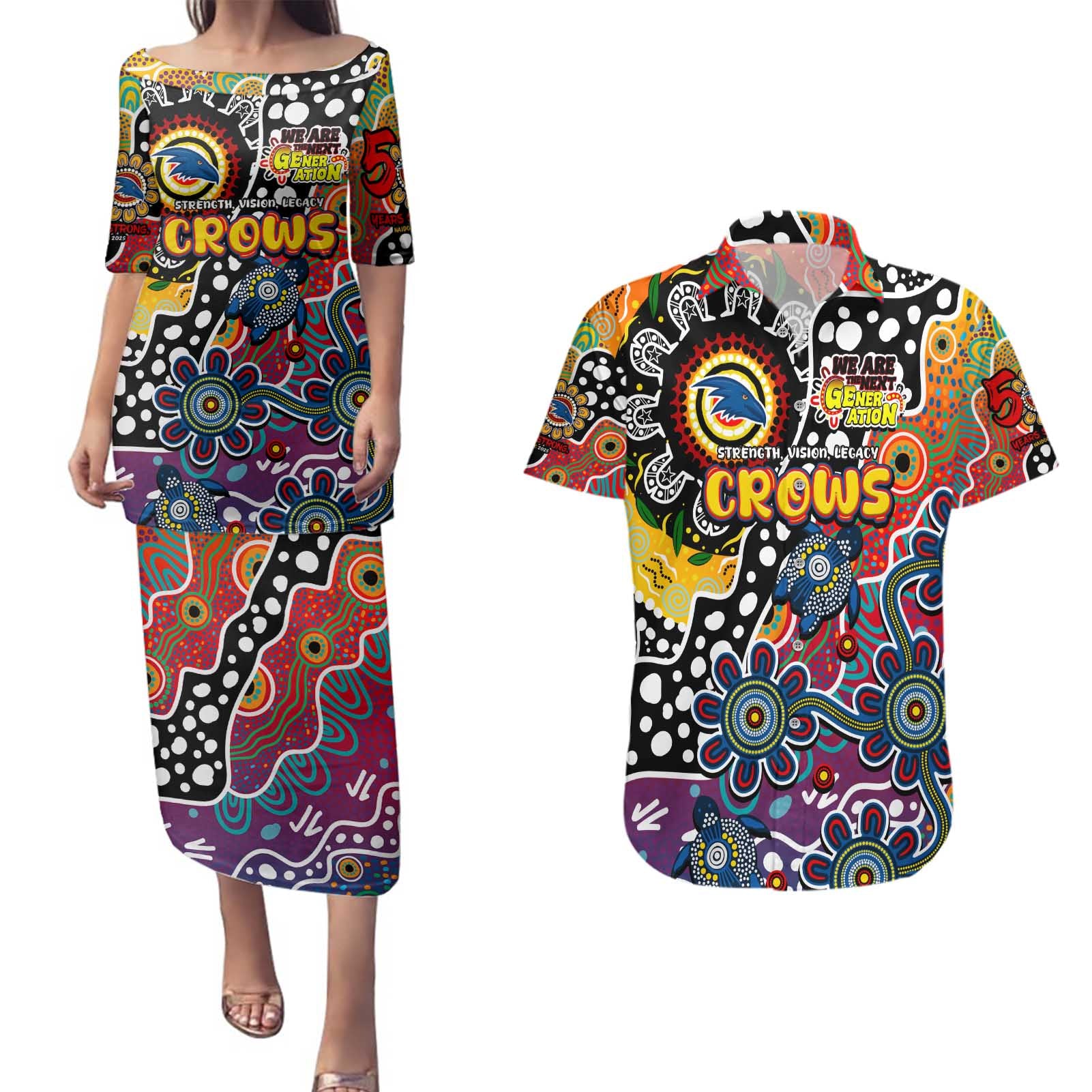 Personalised Crows AFL Celebrating 50 Years of Naidoc Couples Matching Puletasi and Hawaiian Shirt NAIDOC Week 2025 Aboriginal