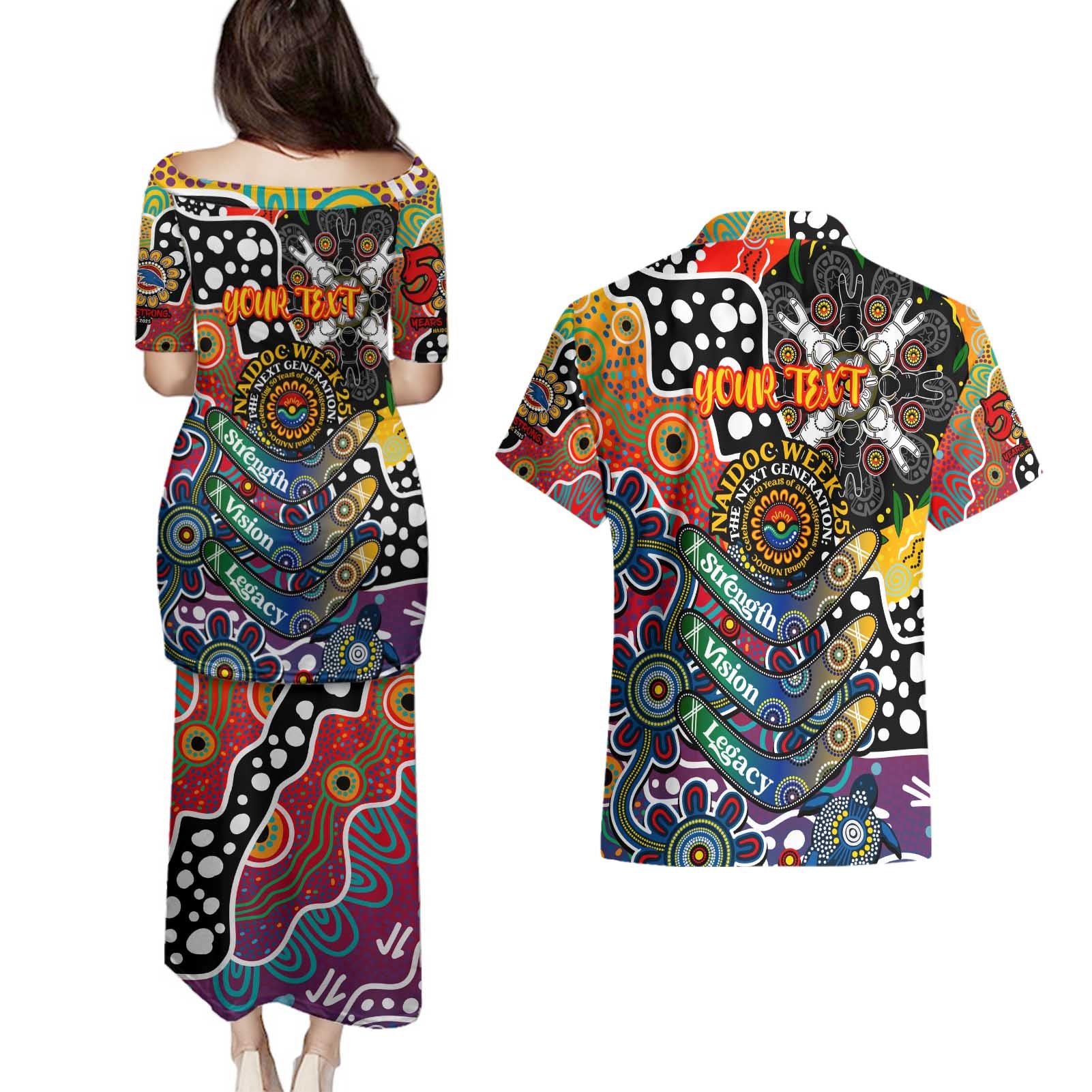 Personalised Crows AFL Celebrating 50 Years of Naidoc Couples Matching Puletasi and Hawaiian Shirt NAIDOC Week 2025 Aboriginal