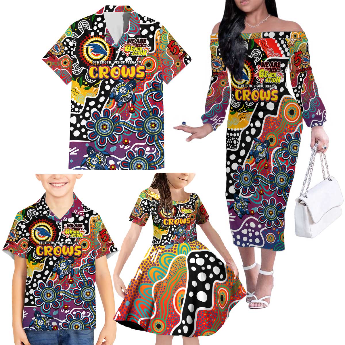 Personalised Crows AFL Celebrating 50 Years of Naidoc Family Matching Off The Shoulder Long Sleeve Dress and Hawaiian Shirt NAIDOC Week 2025 Aboriginal