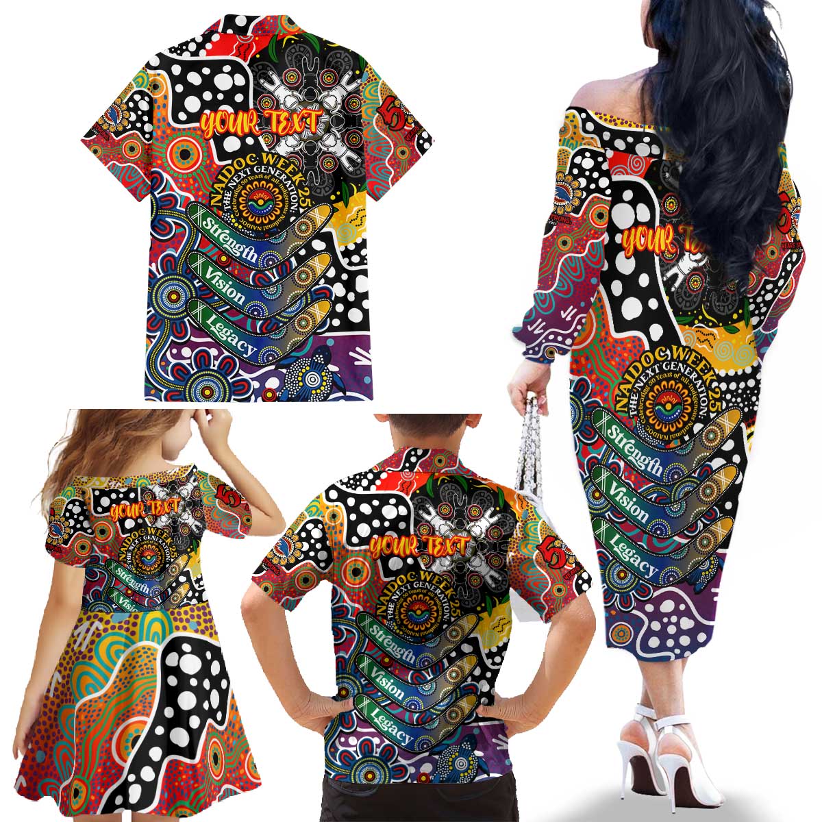 Personalised Crows AFL Celebrating 50 Years of Naidoc Family Matching Off The Shoulder Long Sleeve Dress and Hawaiian Shirt NAIDOC Week 2025 Aboriginal