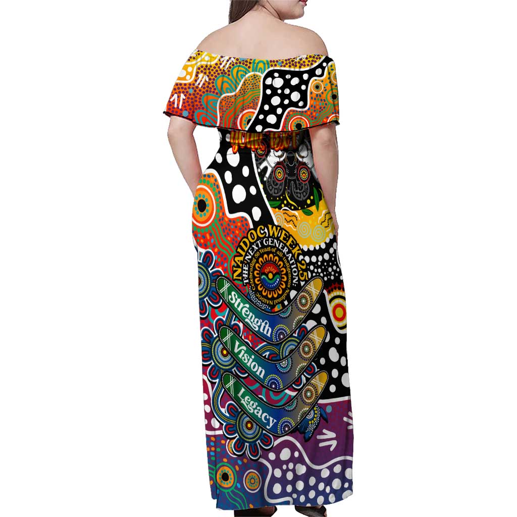 Personalised Crows AFL Celebrating 50 Years of Naidoc Family Matching Off Shoulder Maxi Dress and Hawaiian Shirt NAIDOC Week 2025 Aboriginal