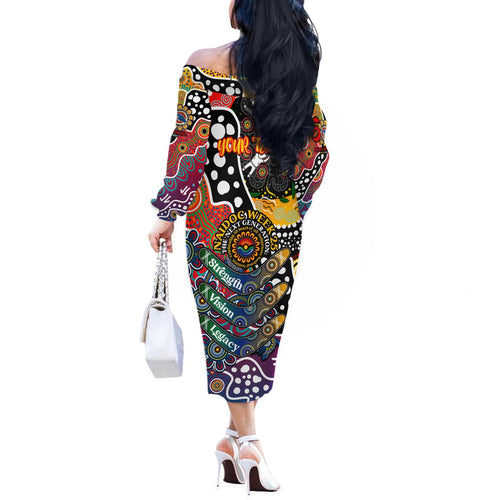Personalised Crows AFL Celebrating 50 Years of Naidoc Off The Shoulder Long Sleeve Dress NAIDOC Week 2025 Aboriginal