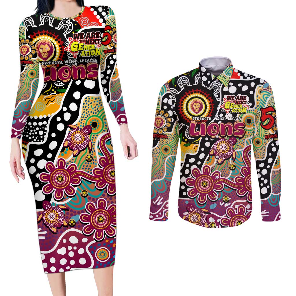 Personalised Lions AFL Celebrating 50 Years of Naidoc Couples Matching Long Sleeve Bodycon Dress and Long Sleeve Button Shirt NAIDOC Week 2025 Aboriginal