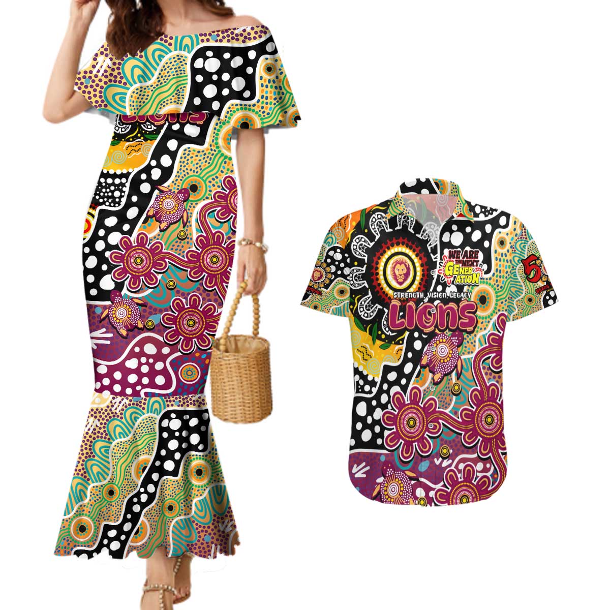 Personalised Lions AFL Celebrating 50 Years of Naidoc Couples Matching Mermaid Dress and Hawaiian Shirt NAIDOC Week 2025 Aboriginal