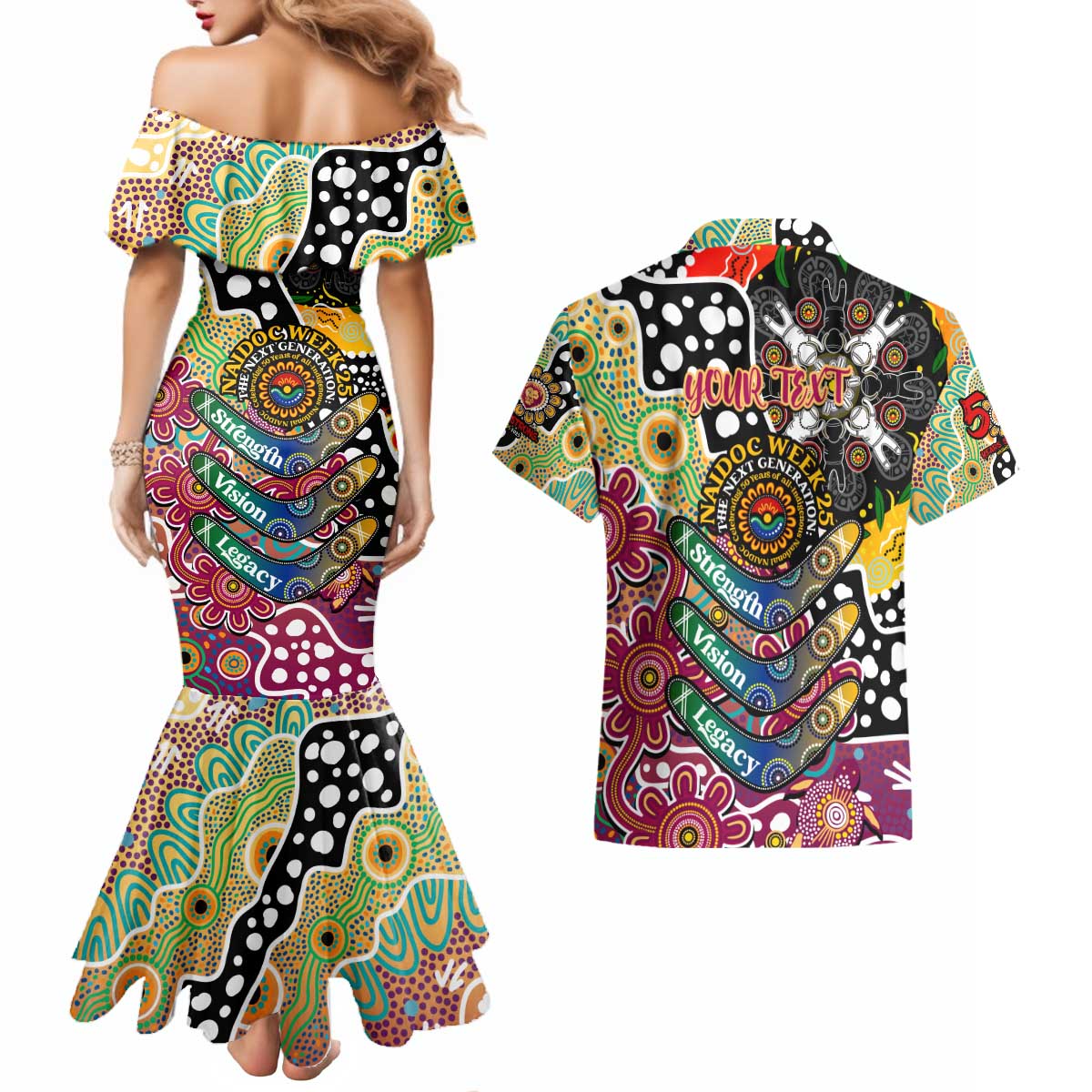 Personalised Lions AFL Celebrating 50 Years of Naidoc Couples Matching Mermaid Dress and Hawaiian Shirt NAIDOC Week 2025 Aboriginal