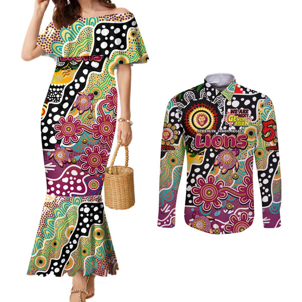 Personalised Lions AFL Celebrating 50 Years of Naidoc Couples Matching Mermaid Dress and Long Sleeve Button Shirt NAIDOC Week 2025 Aboriginal
