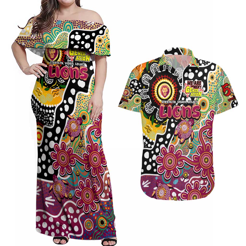 Personalised Lions AFL Celebrating 50 Years of Naidoc Couples Matching Off Shoulder Maxi Dress and Hawaiian Shirt NAIDOC Week 2025 Aboriginal